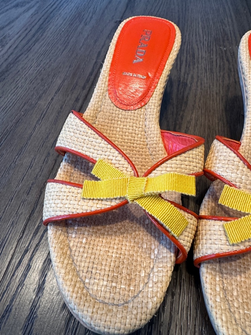 Prada Beige Raffia Slide Mules with Yellow Bow and Coral Trim - Picture 8 of 14